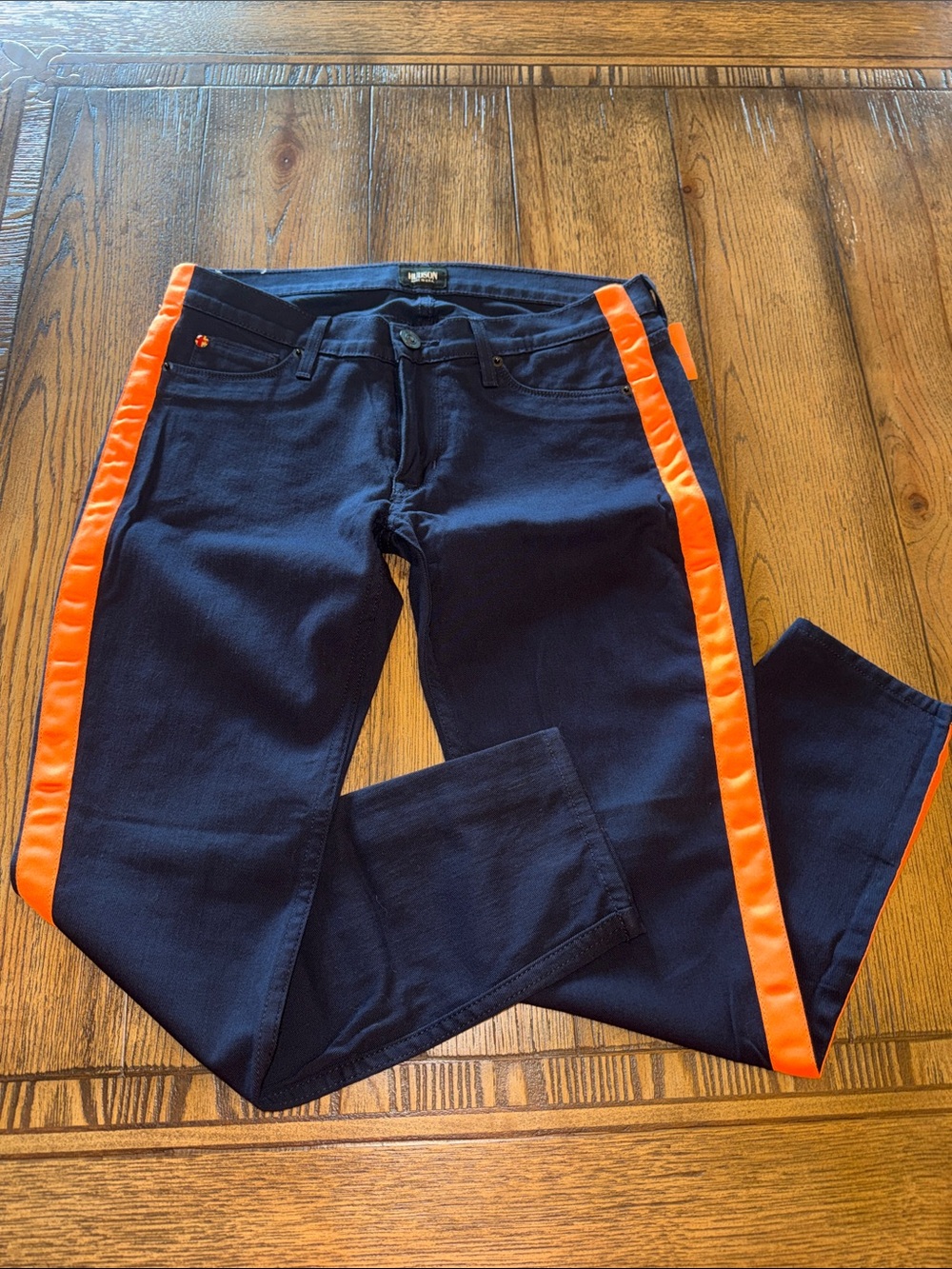 Hudson Jeans Lou Lou Tuxedo Navy Skinny Jeans with Bright Orange Side Stripe